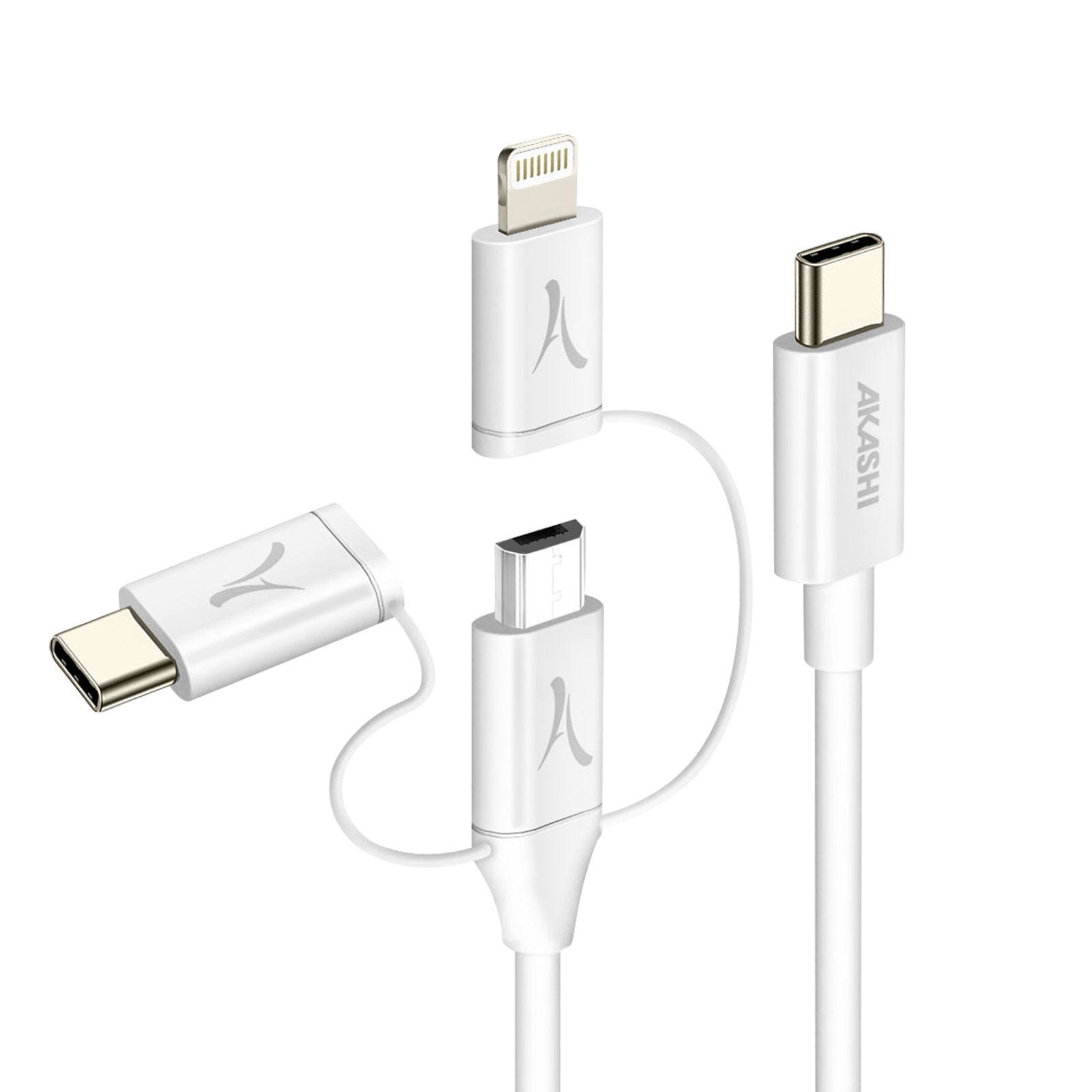 Tre cavi USB bianchi con diversi connettori: USB-C, Lightning e Micro-USB.
