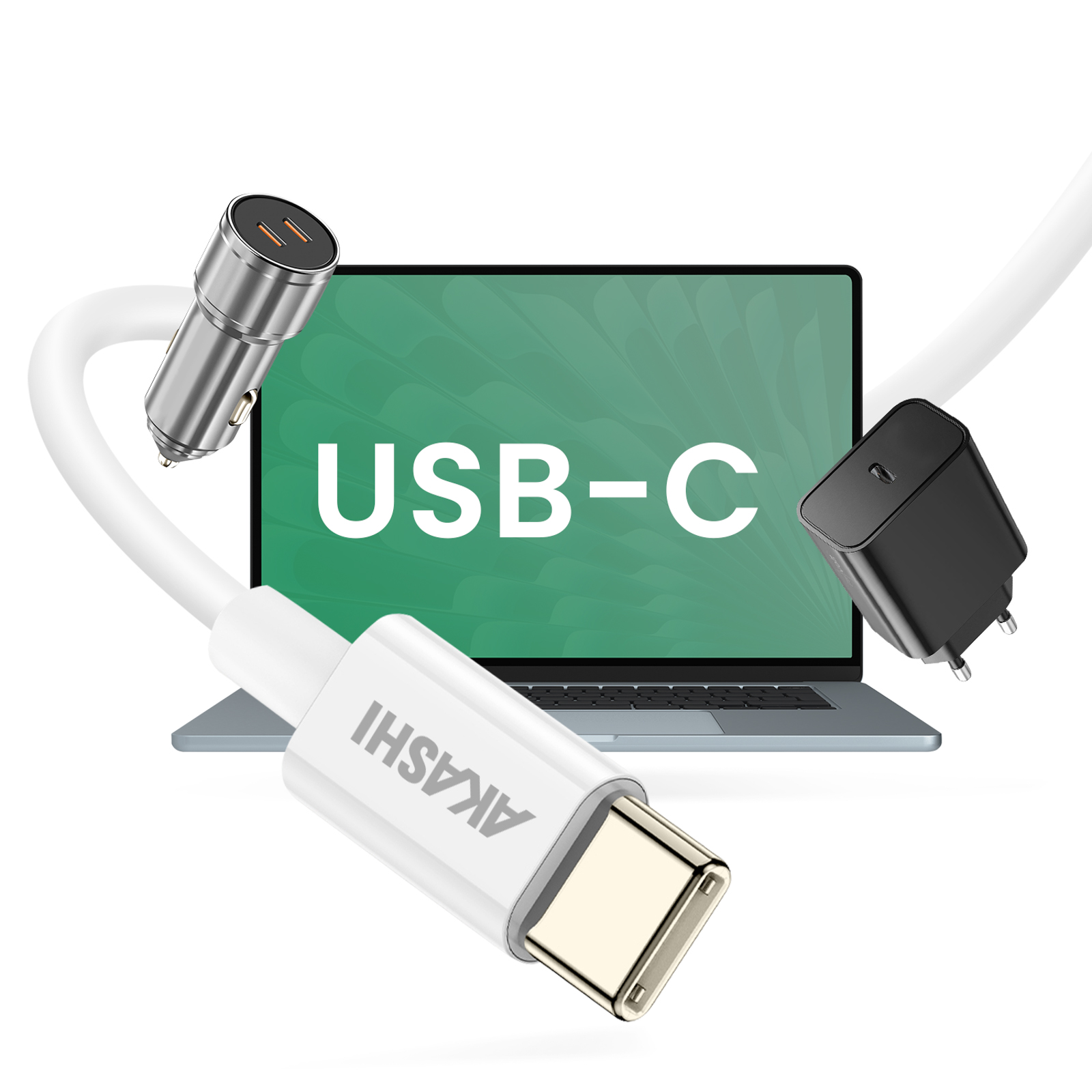 Cavo USB-C con laptop, caricabatteria per auto e caricabatterie da parete sullo sfondo.