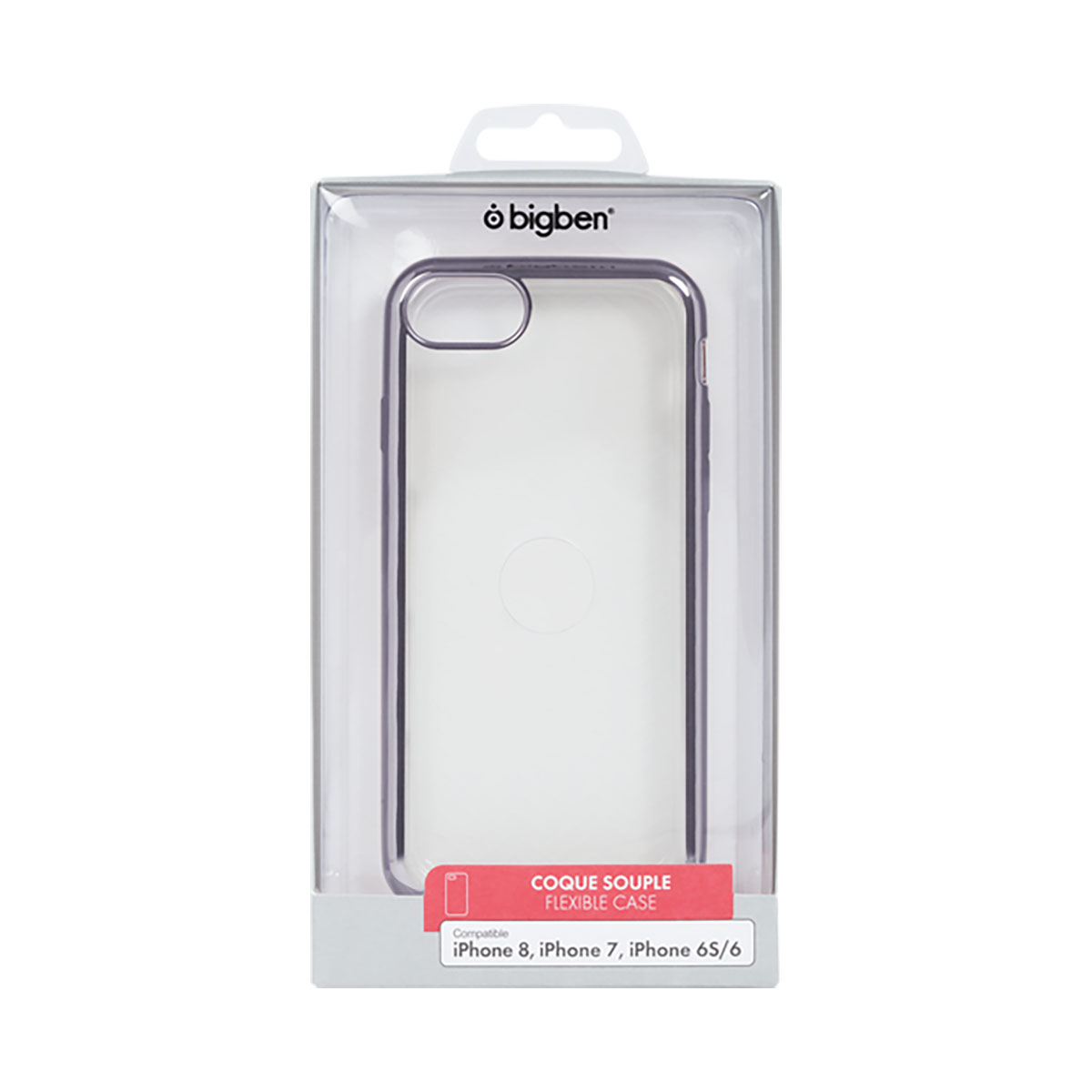 Una custodia trasparente per telefono in una confezione con le parole 'Coque souple Flexible Case'.