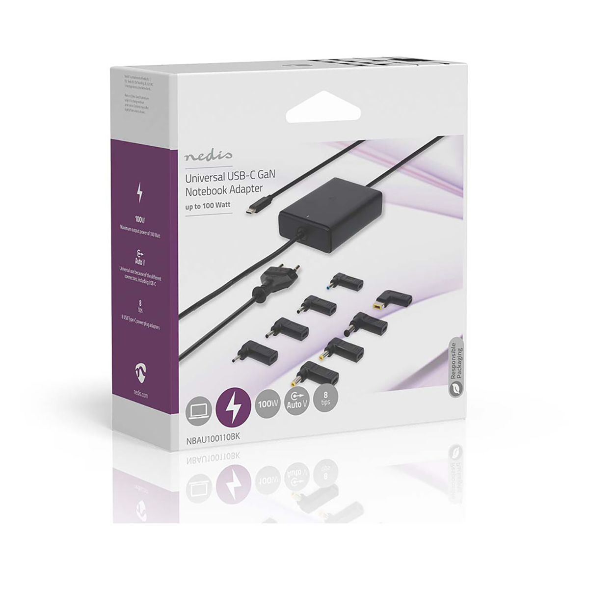 Adattatore universale USB-C GaN per notebook in scatola. Mostra adattatore, vari connettori e dettagli di alimentazione.