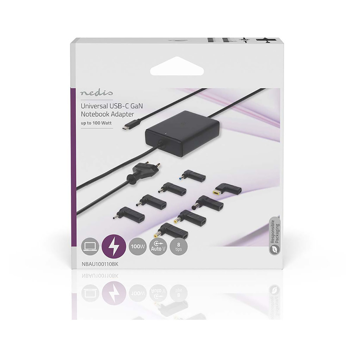 Scatola bianca con adattatore nero e connettori. Testo: 'USB-C GaN Notebook Adapter'.