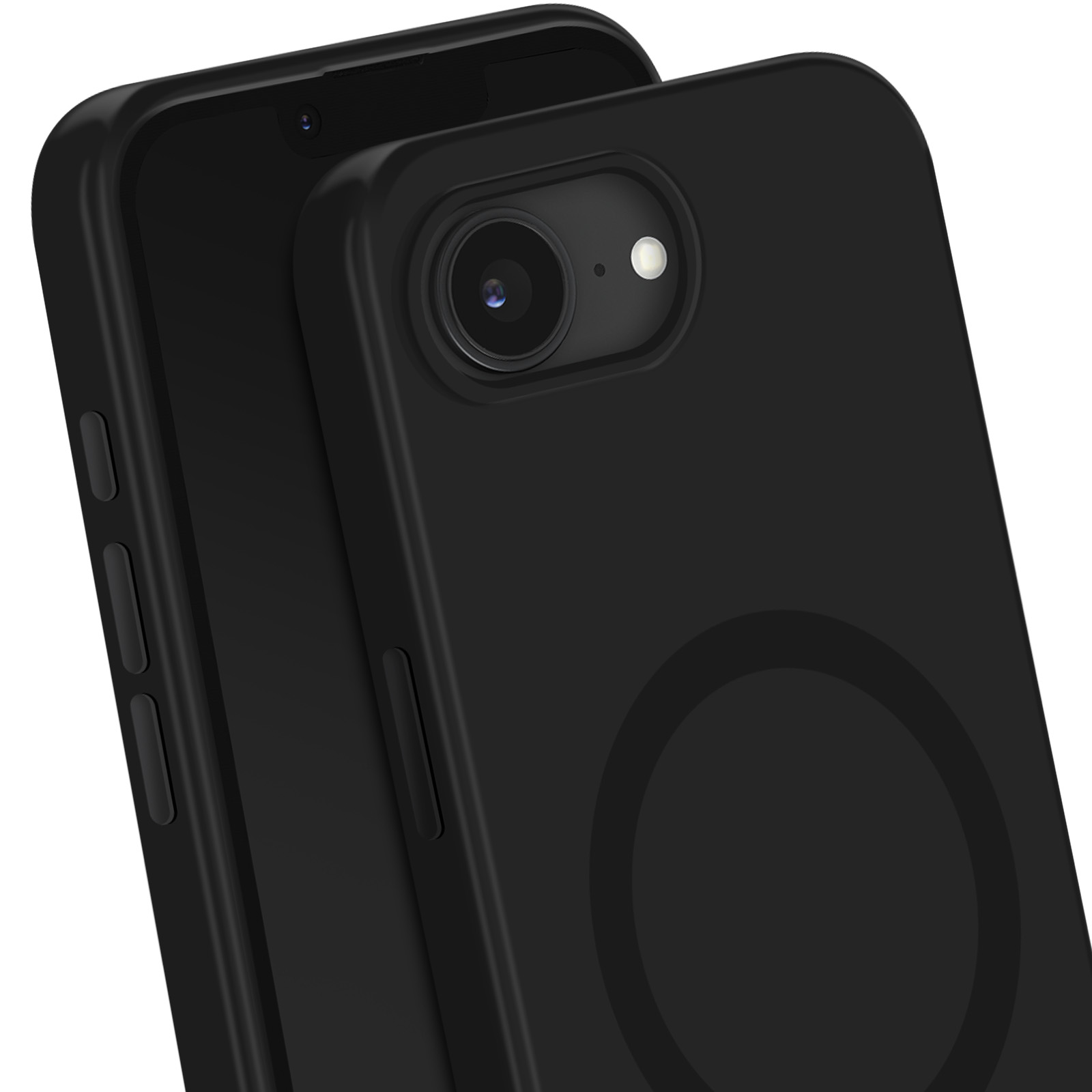 Twee zwarte telefoonhoesjes. Eén toont cameralens en knoppen. De andere heeft een cirkelvormig ontwerp.