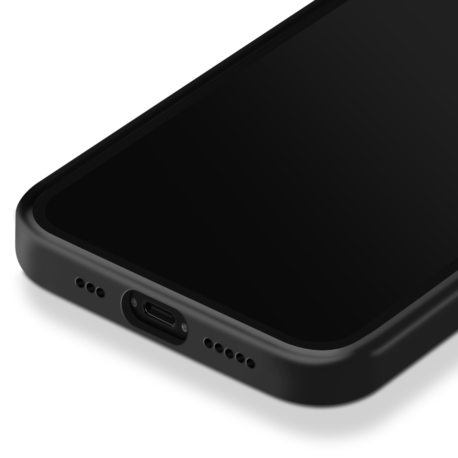Close-up van de onderkant van een zwarte smartphone. Oplaadpoort en luidsprekergaten zijn zichtbaar.