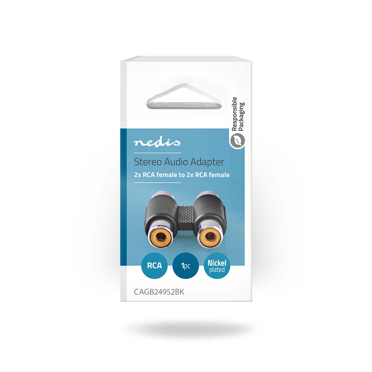 Adattatore audio stereo in scatola. Contiene due connettori RCA femmina a due RCA femmina.