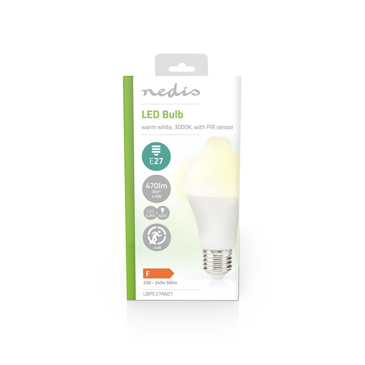 Zapakowana żarówka LED. Trzonek E27, ciepła biel, z czujnikiem PIR. Widoczne szczegóły opakowania.