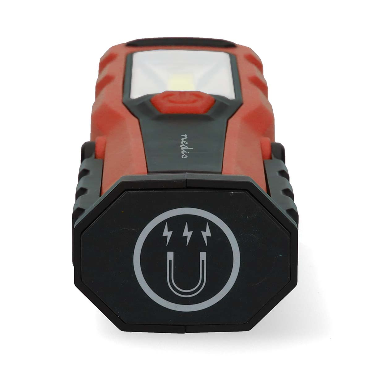 Een rode en zwarte zaklamp met een magnetische basis en de