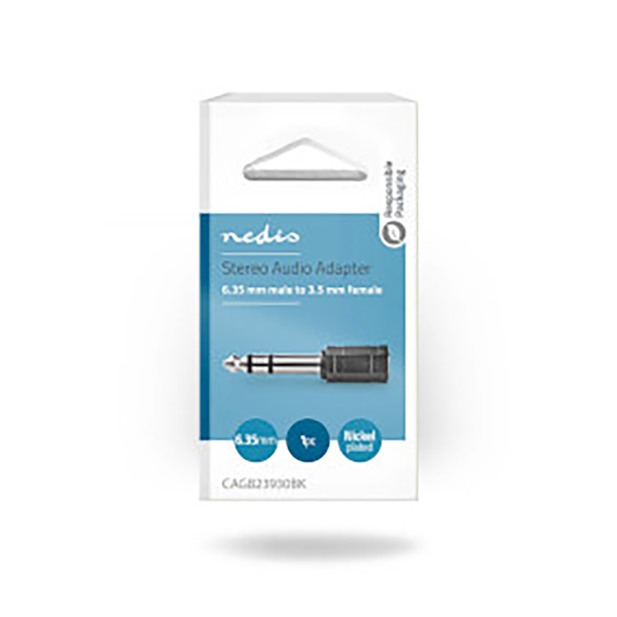 Scatola bianca e blu con adattatore audio stereo nero e argento da 6,35 mm a 3,5 mm.