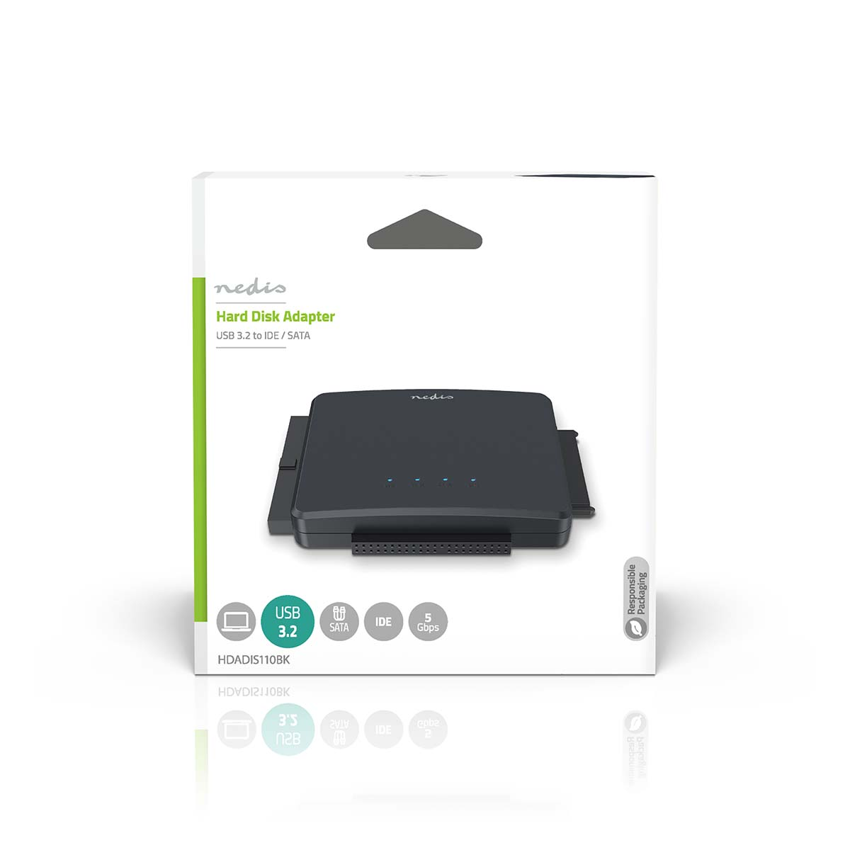 Ein schwarzer Festplattenadapter in einer weißen Box mit der Aufschrift 'nedis'.