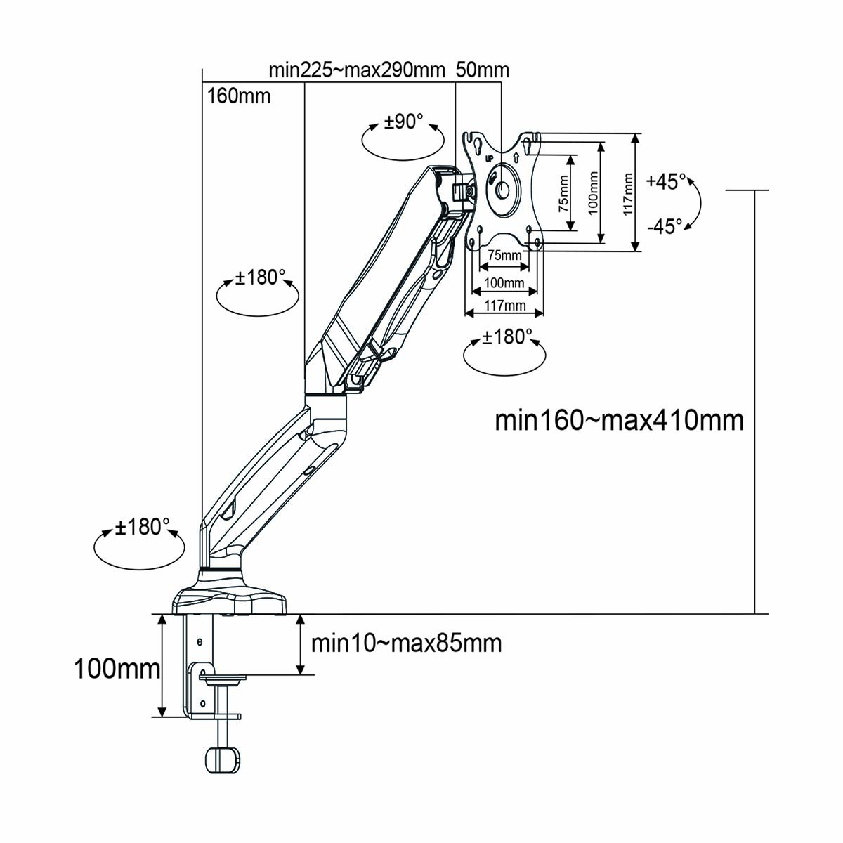 Diagram met de afmetingen van een monitorarmbevestiging.