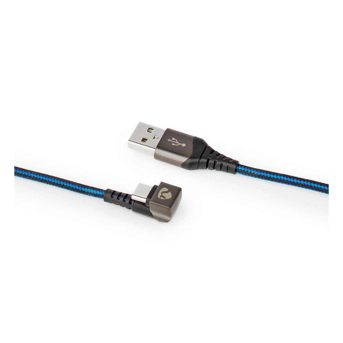 Cavo USB. Il cavo è nero e blu. Sfondo bianco.