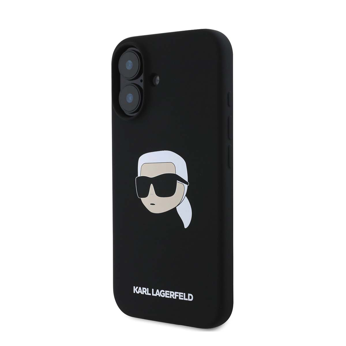 Custodia per telefono nera con un design di Karl Lagerfeld. Sfondo bianco. La custodia ha un'immagine di Karl Lagerfeld.