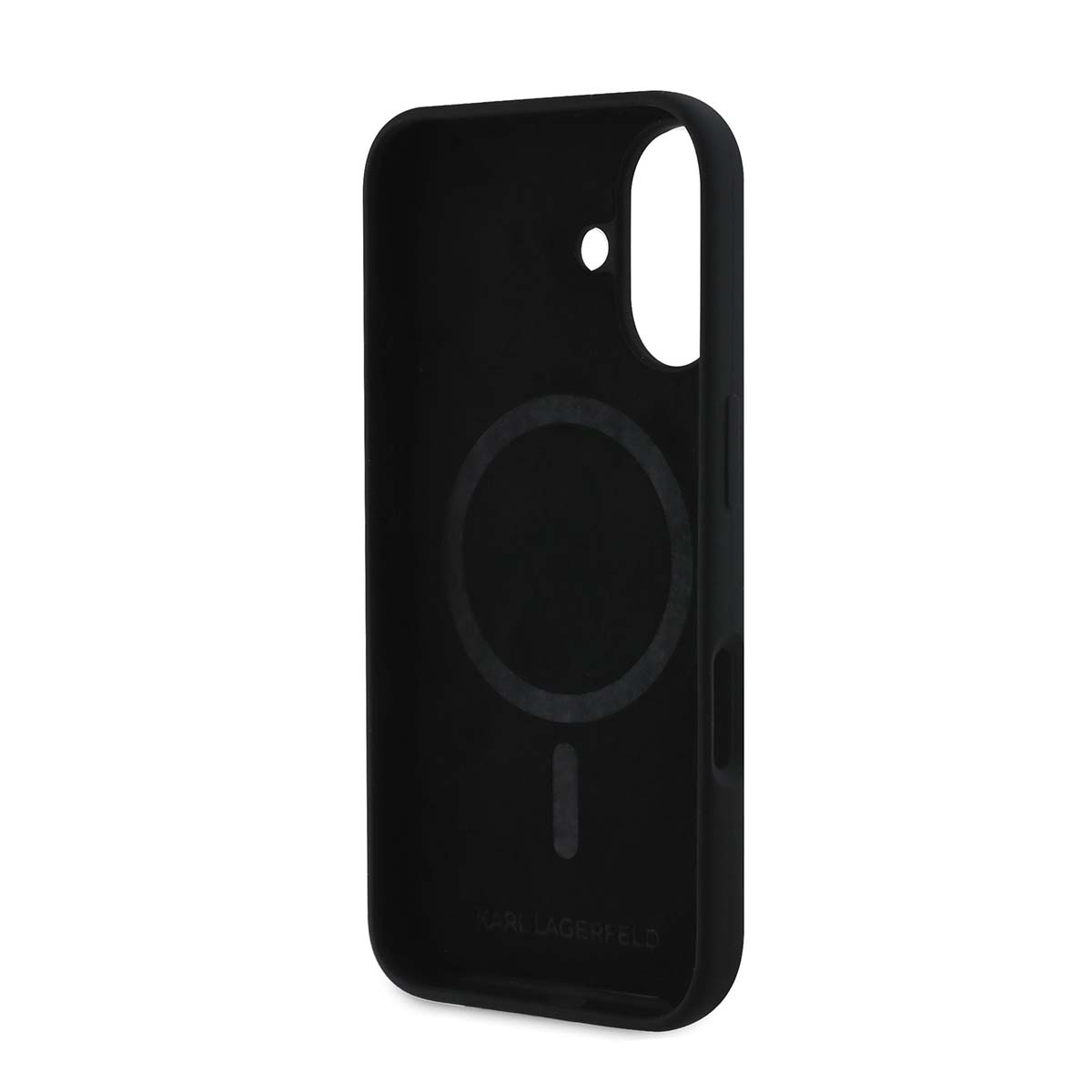 Una custodia nera per telefono con attacco magnetico circolare e il logo Karl Lagerfeld.