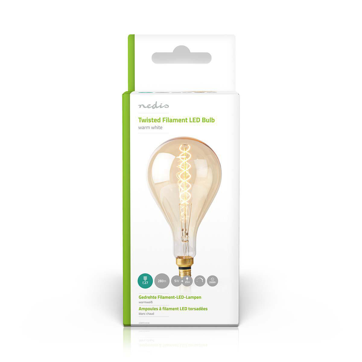 Bulb with a twisted filament in a box. The box has labels and a graphic.