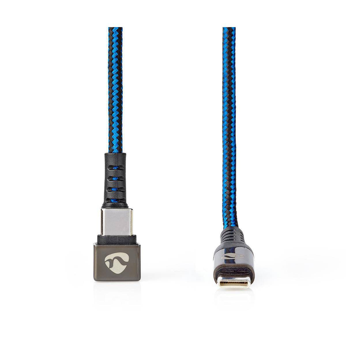 Cavo da USB-C a USB-C. Intrecciato nero e blu. Connettore grigio con logo.