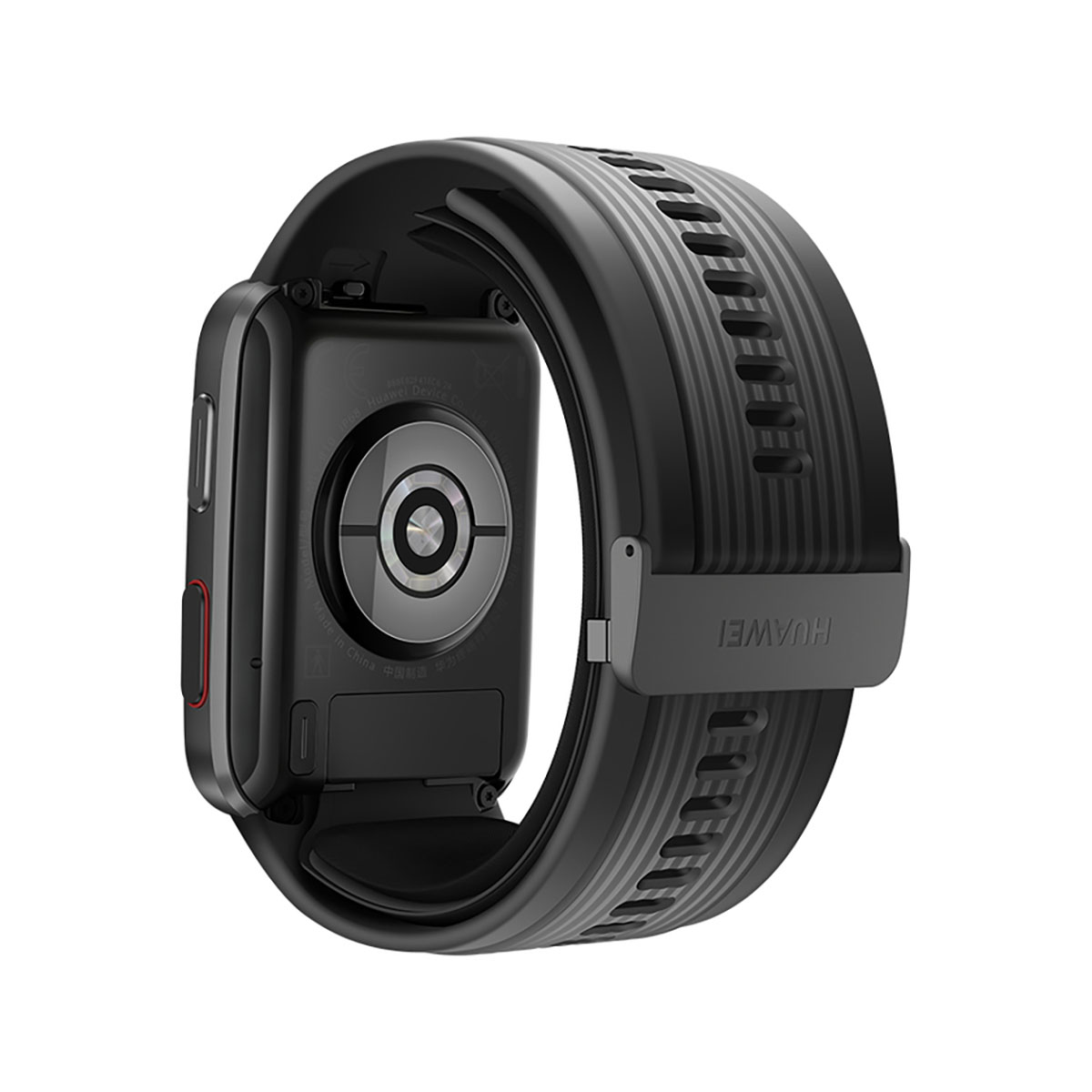 Schwarze Huawei-Smartwatch. Rückseite zeigt Sensoren und Bandanschluss.