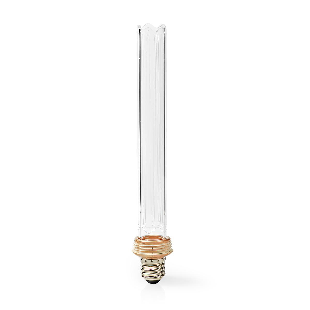 Una lampadina lunga e trasparente in vetro. Ha un elemento decorativo ambrato alla base. Sfondo bianco.