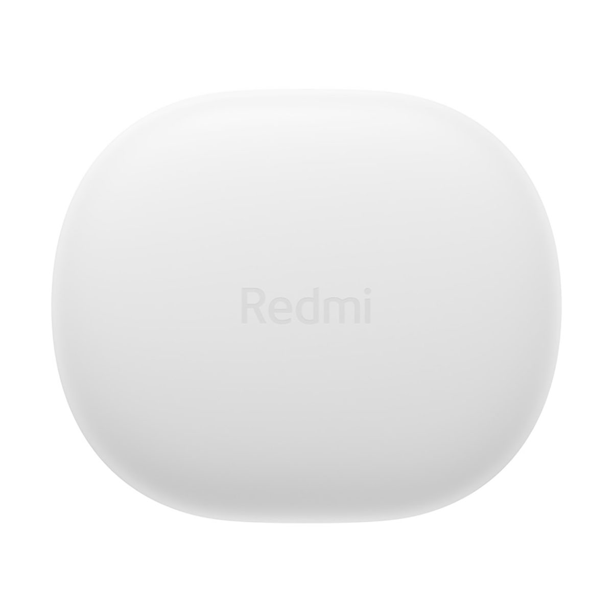 Białe etui ładujące do słuchawek Redmi. Zaokrąglony kształt. Logo Redmi pośrodku.
