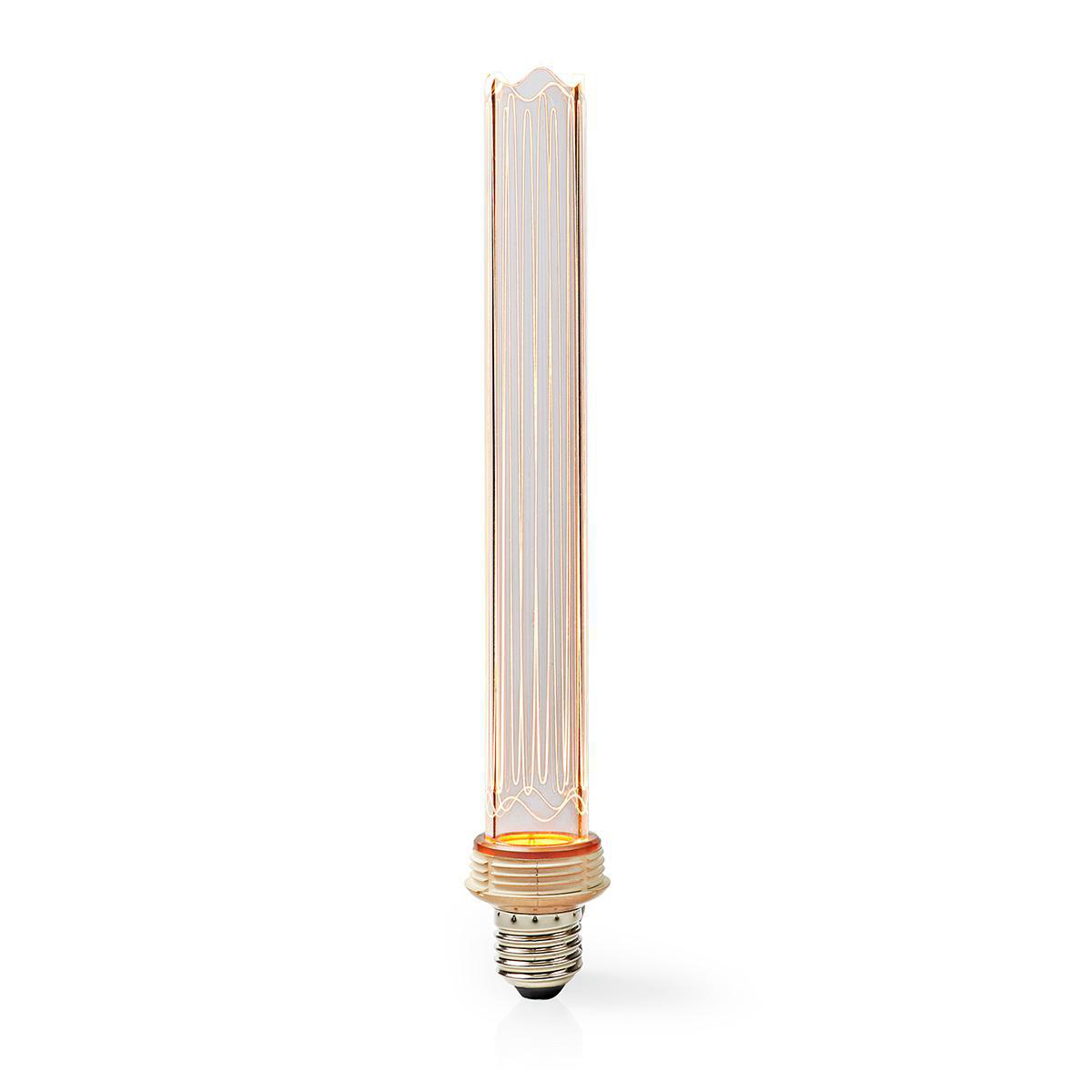 Una lampadina lunga e trasparente in vetro. Ha un elemento decorativo ambrato alla base. Sfondo bianco.