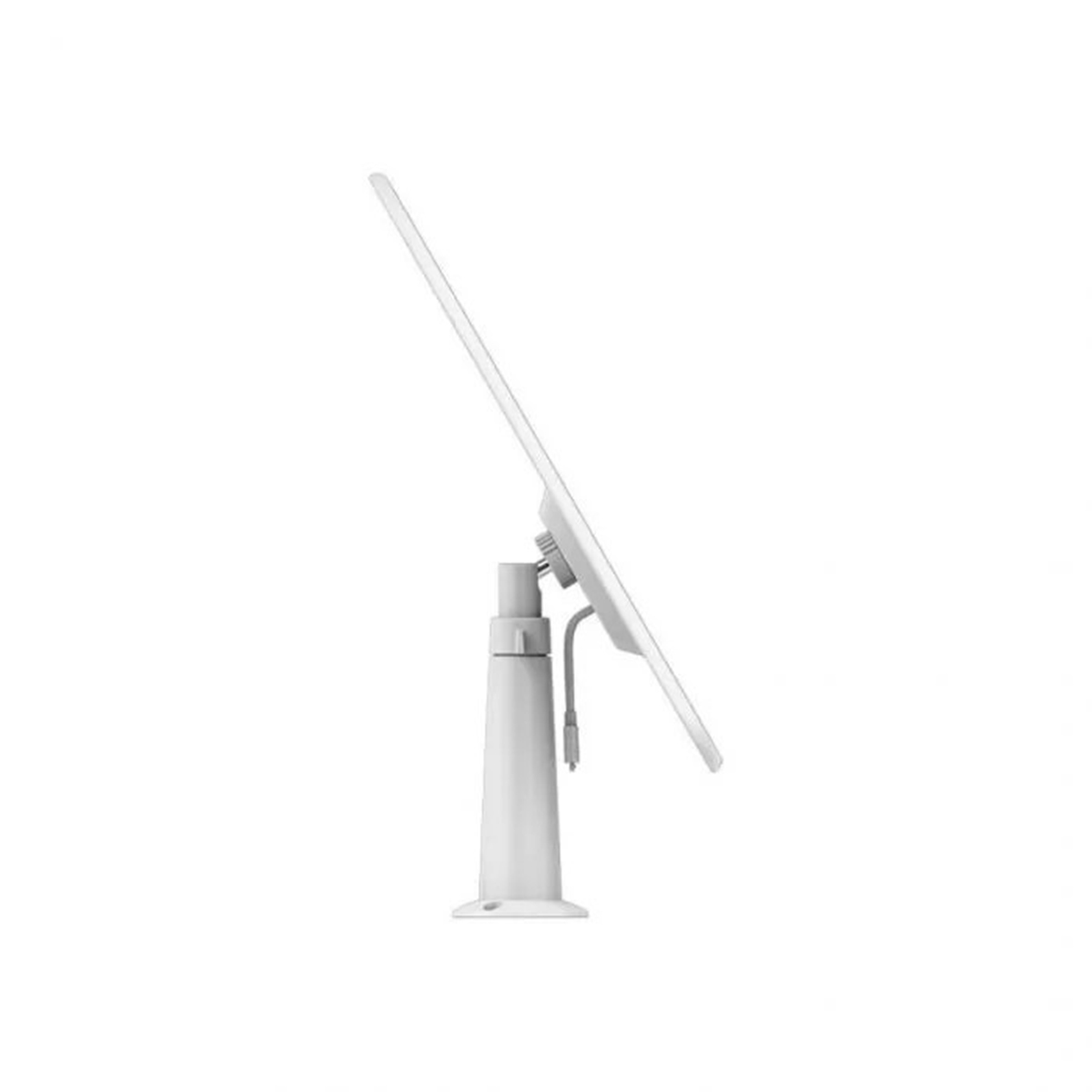 Witte monitor met een standaard. Het scherm is omhoog gekanteld. Witte achtergrond.