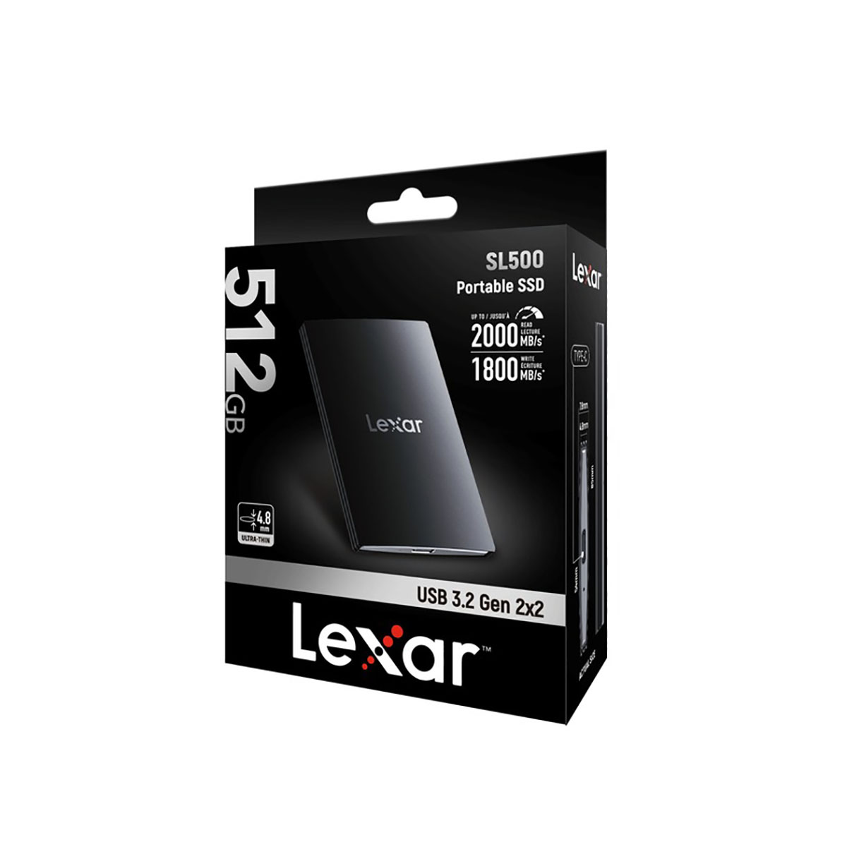 Czarne i białe pudełko z napisem Lexar i 512GB. W pudełku znajduje się czarny przenośny dysk SSD.