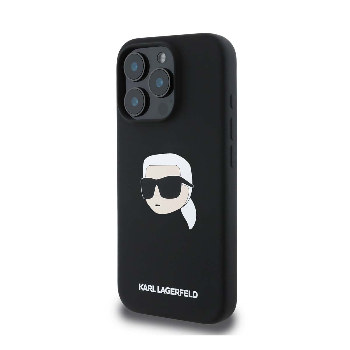 Schwarze Handyhülle mit Grafik von Karl Lagerfeld mit Sonnenbrille. Der Markenname steht unten.