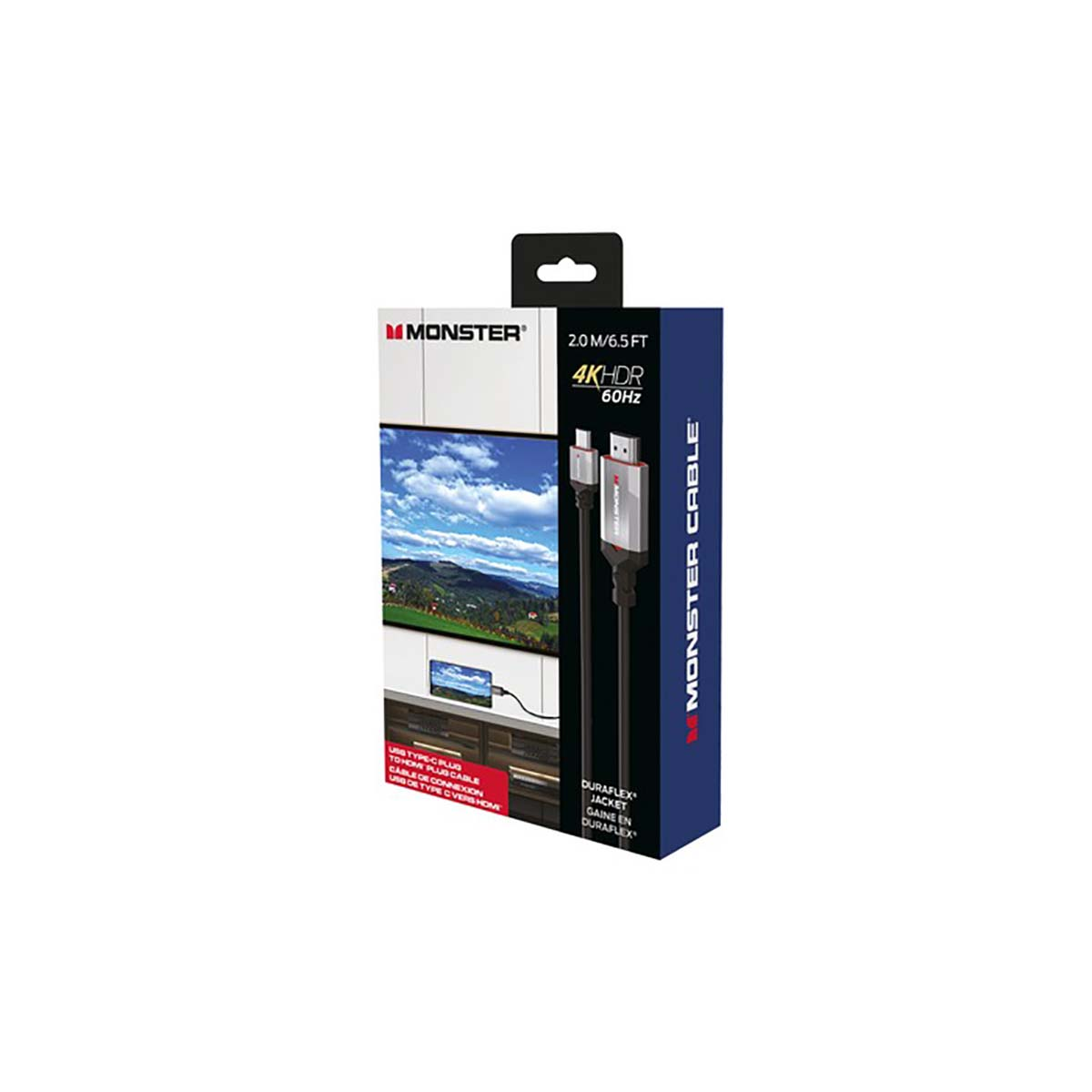 Caja de cable Monster negra y azul, con una imagen de un televisor. El texto indica 4K HDR y cable Monster.