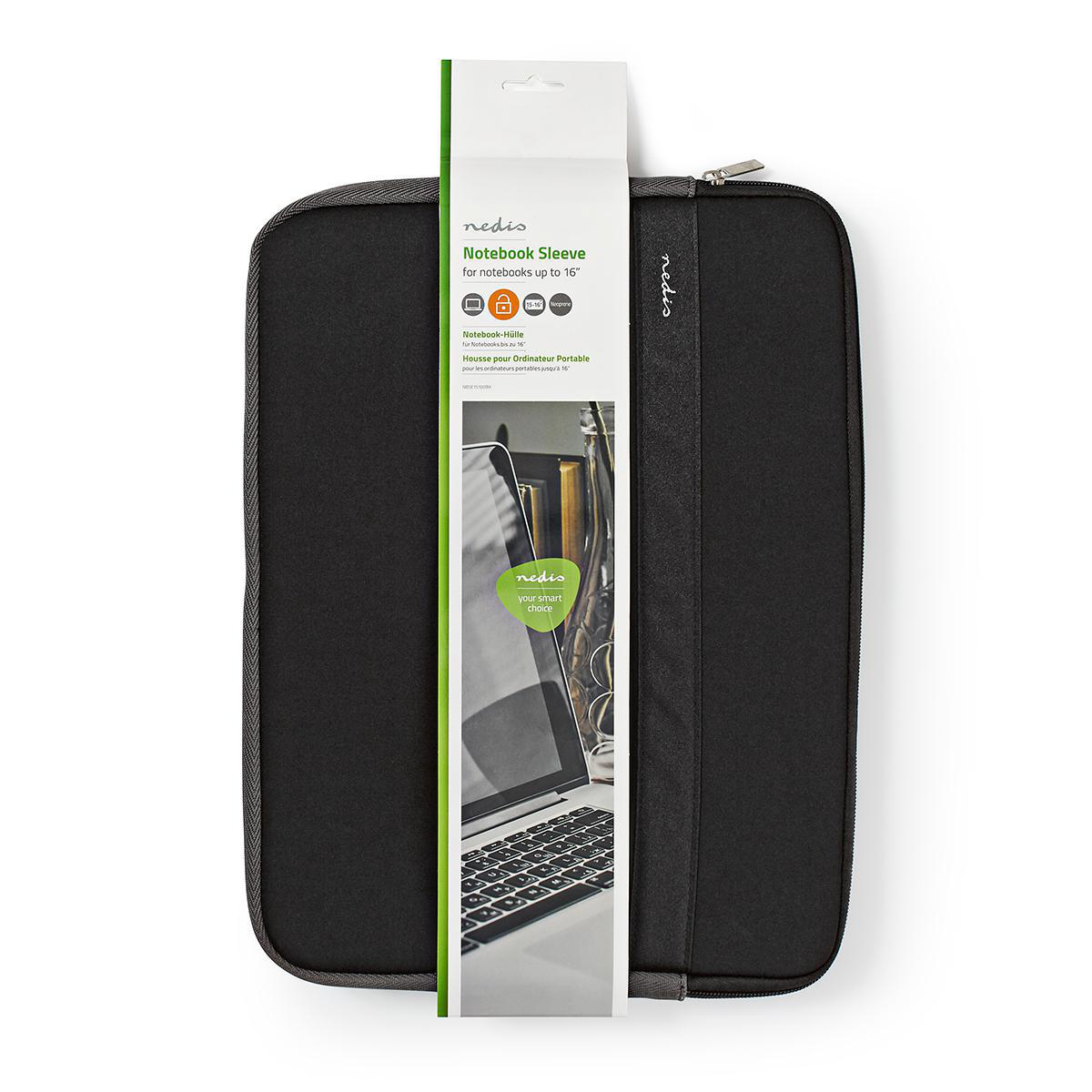 Housse d'ordinateur portable noire avec fermeture éclair et étiquette blanche.