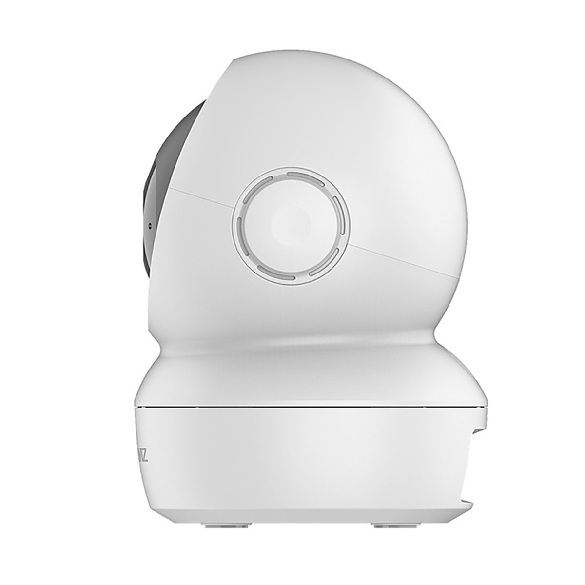 White security camera, side view. It has a rounded top and a black base, and white background.