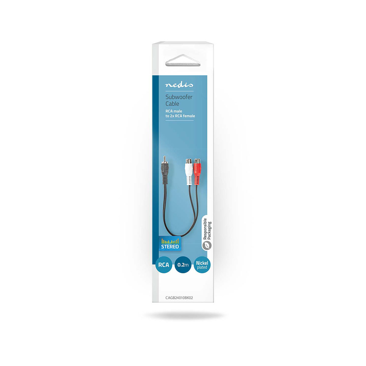 Verpakking van subwooferkabel met RCA-connectoren. Zwart-wit label.