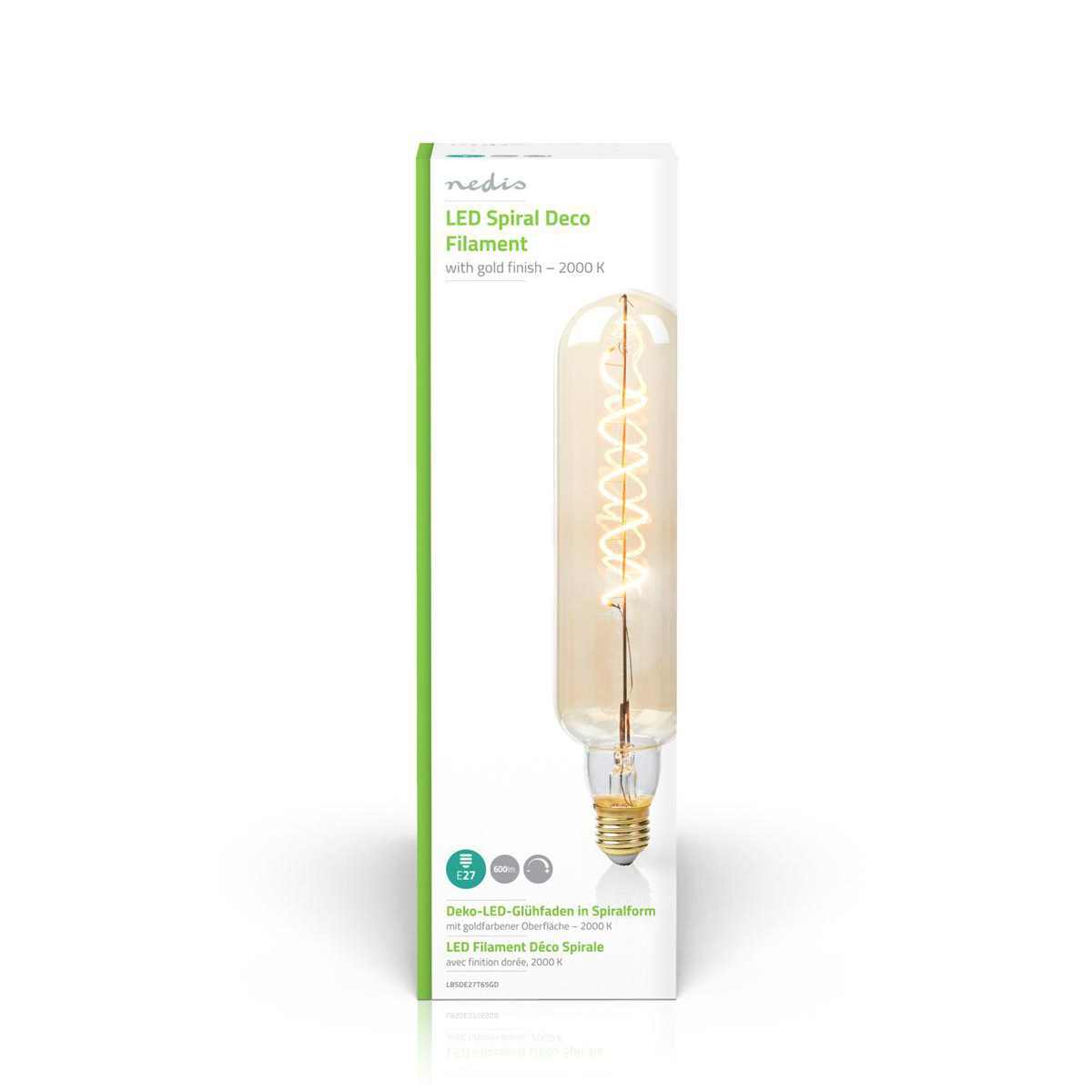 Żarówka LED z spiralnym włóknem żarzenia w pudełku. Żarówka jest złota, z wzorem włókna.