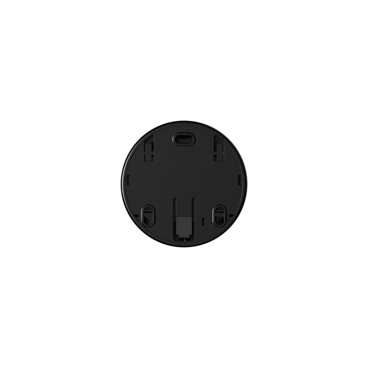 Dispositivo circular negro con base plana. Incluye puerto de carga y orificios de montaje.