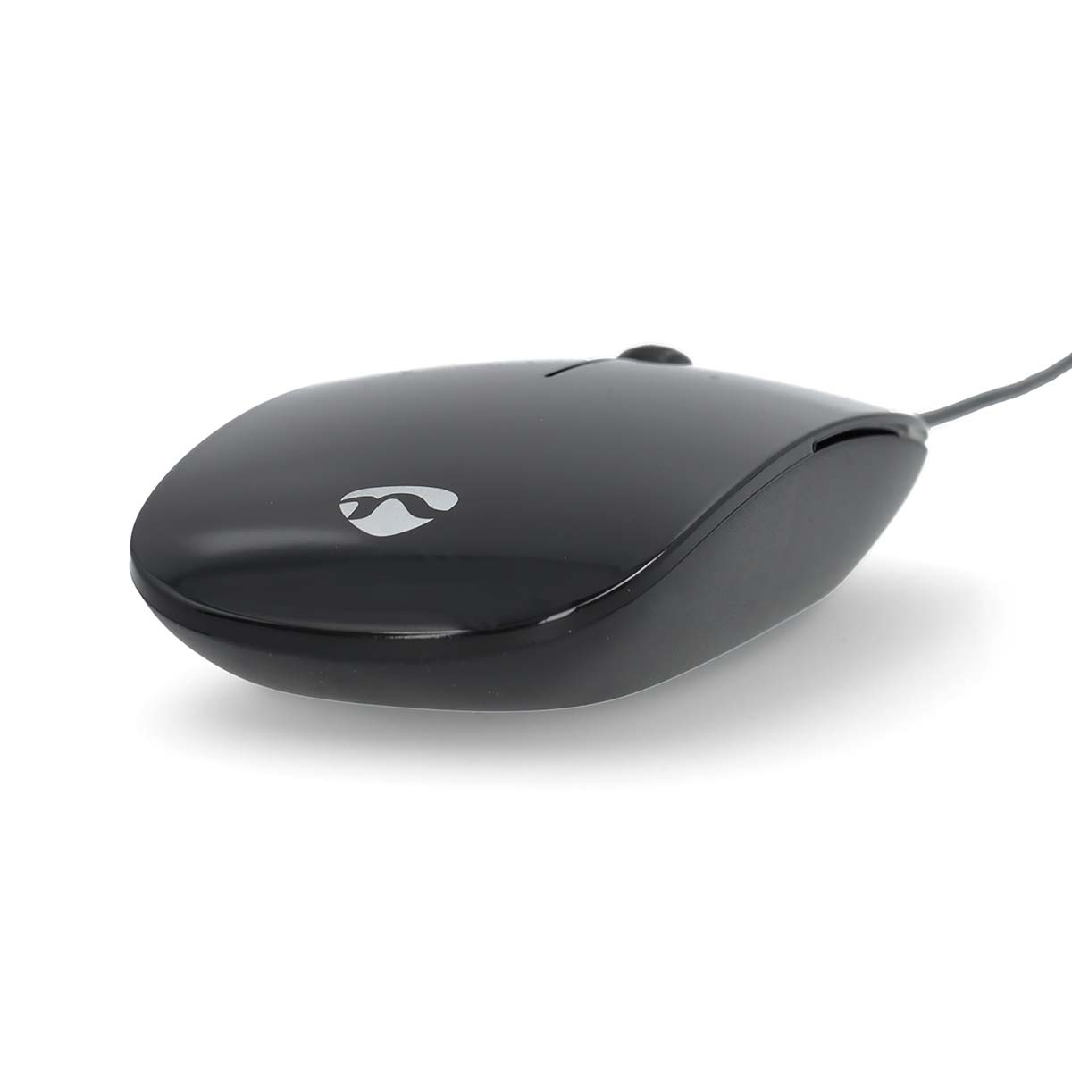 Black computer mouse with a logo on it.