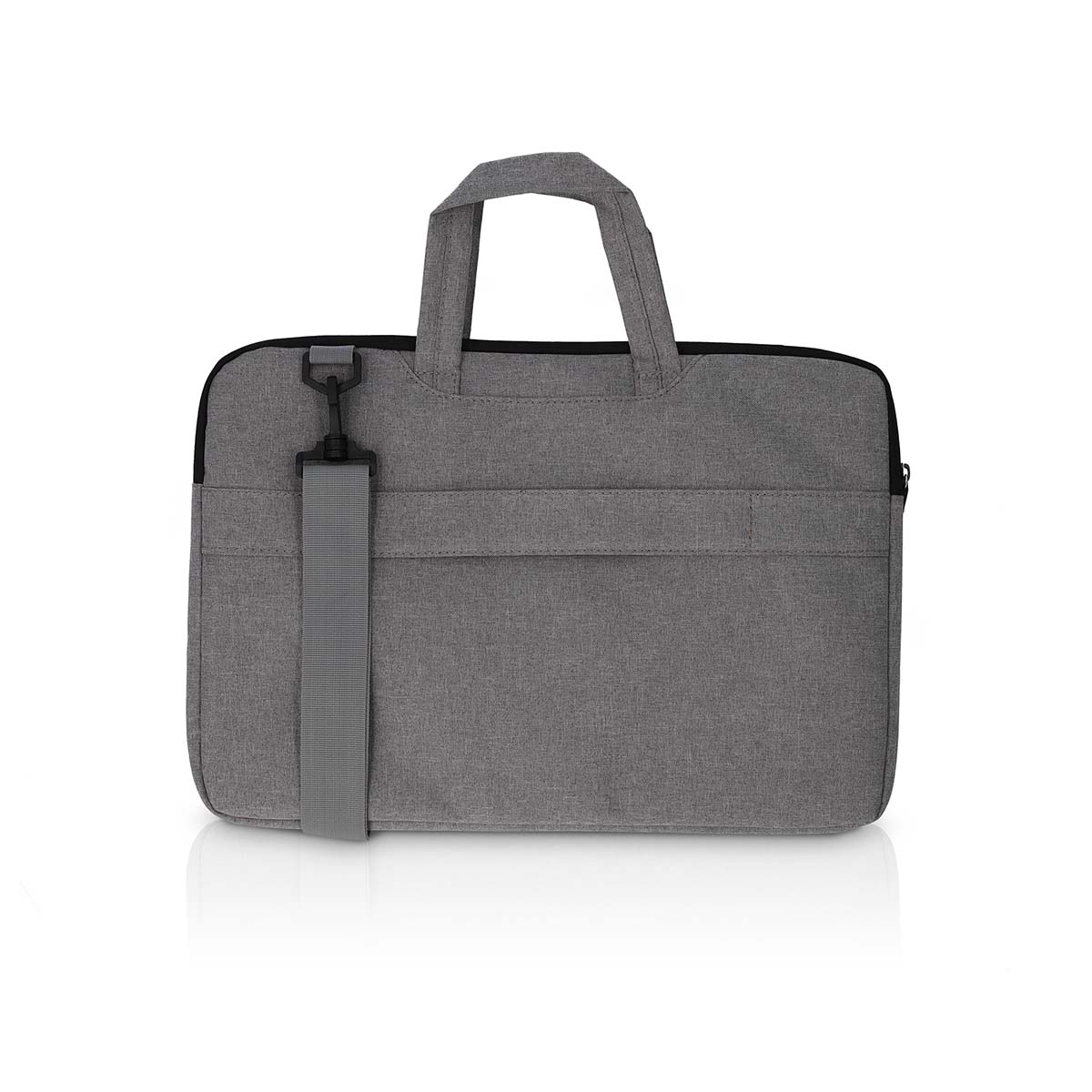 Borsa grigia per laptop con tracolla. Ha una maniglia e una tasca frontale. Cerniera nera.