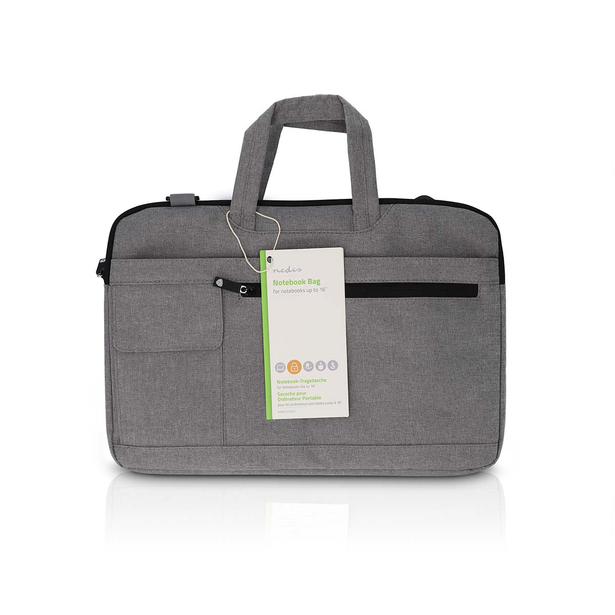 Borsa grigia per laptop con etichetta. Maniglia e tasca frontale. Cerniera nera.