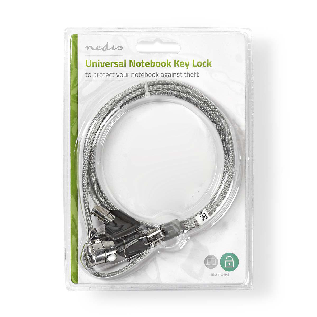 Confezione trasparente con lucchetto per notebook argentato. Testo: 'Universal Notebook Key Lock'.