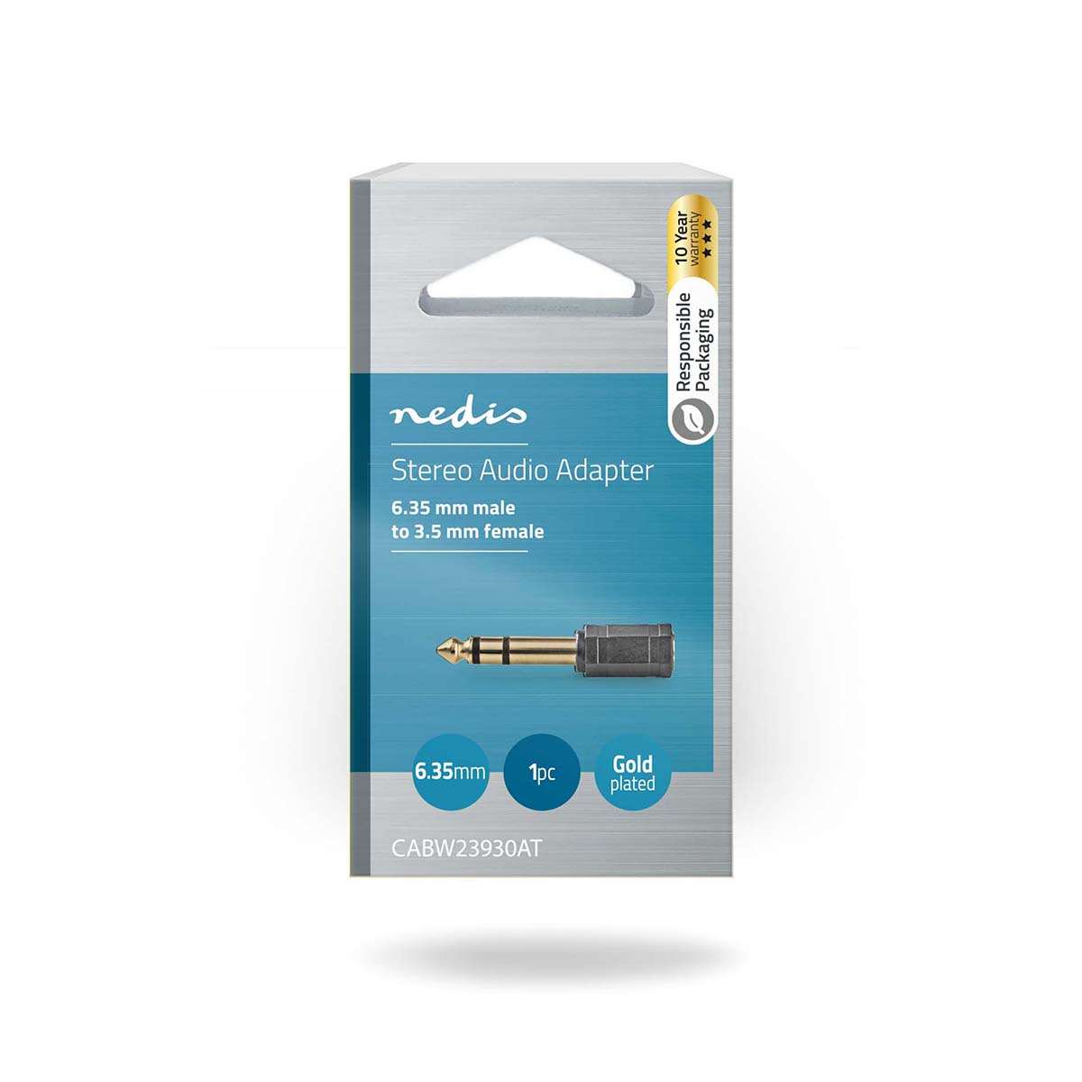 Confezione bianca con adattatore audio stereo oro e nero. Testo: 'Stereo Audio Adapter'.