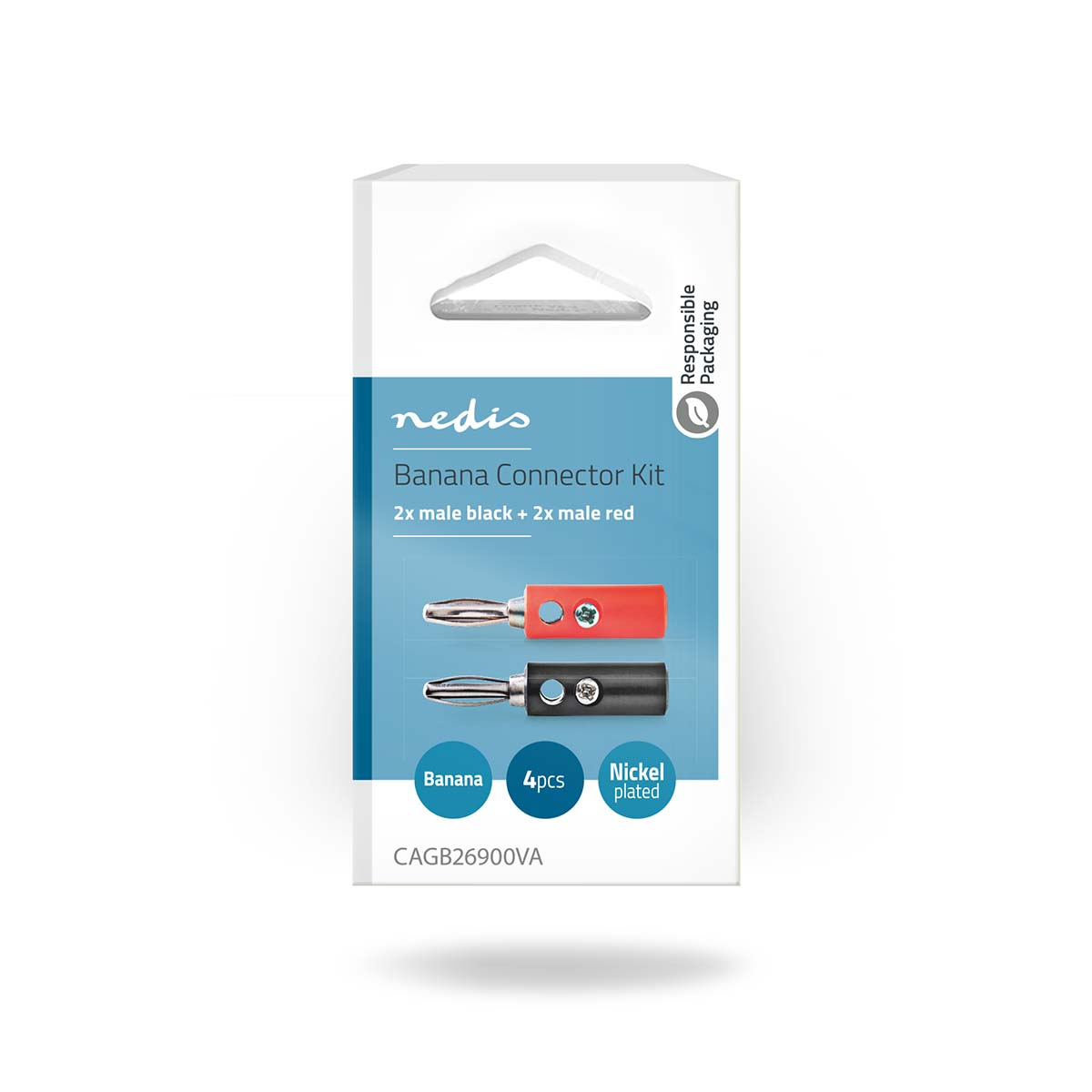 Confezione con kit connettore a banana rosso e nero. Testo: 'Banana Connector Kit'.