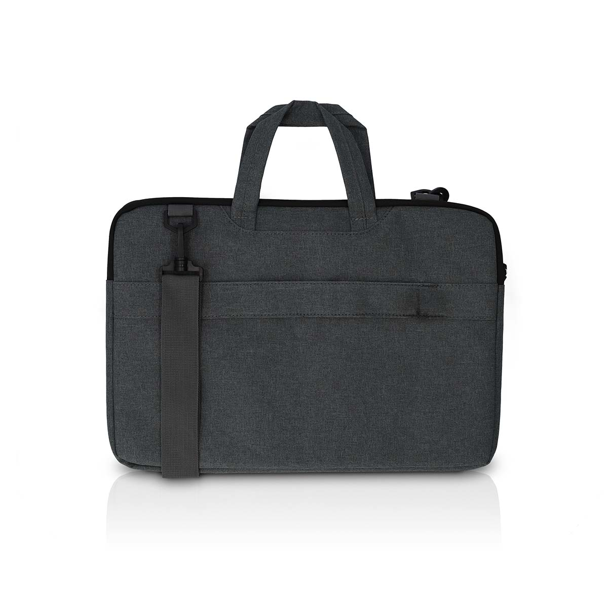 Borsa per laptop grigio scuro con manico e tracolla. Una tasca è sul davanti.