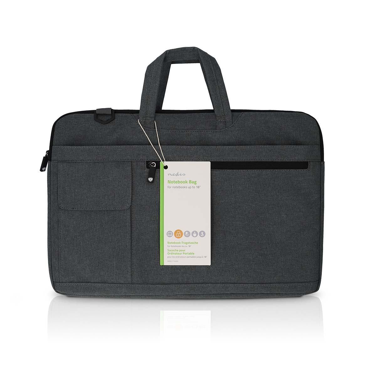 Borsa per laptop grigio scuro con manico ed etichetta. Testo: 'Notebook Bag'.