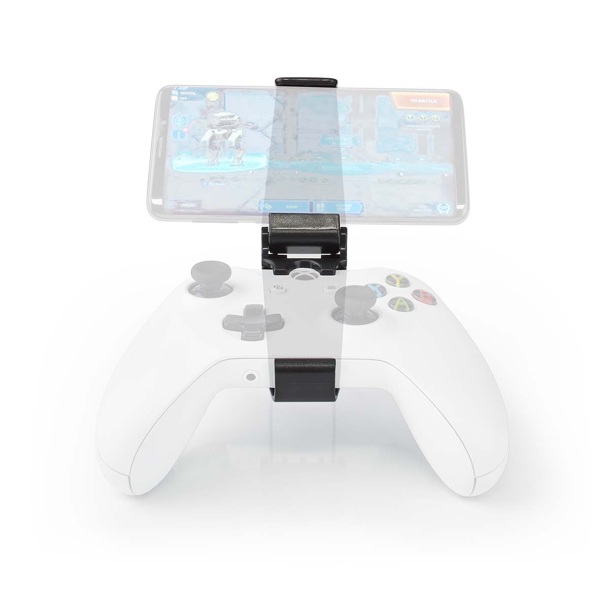 Witte gamecontroller met een telefoon bevestigd. De telefoon toont een game-interface.