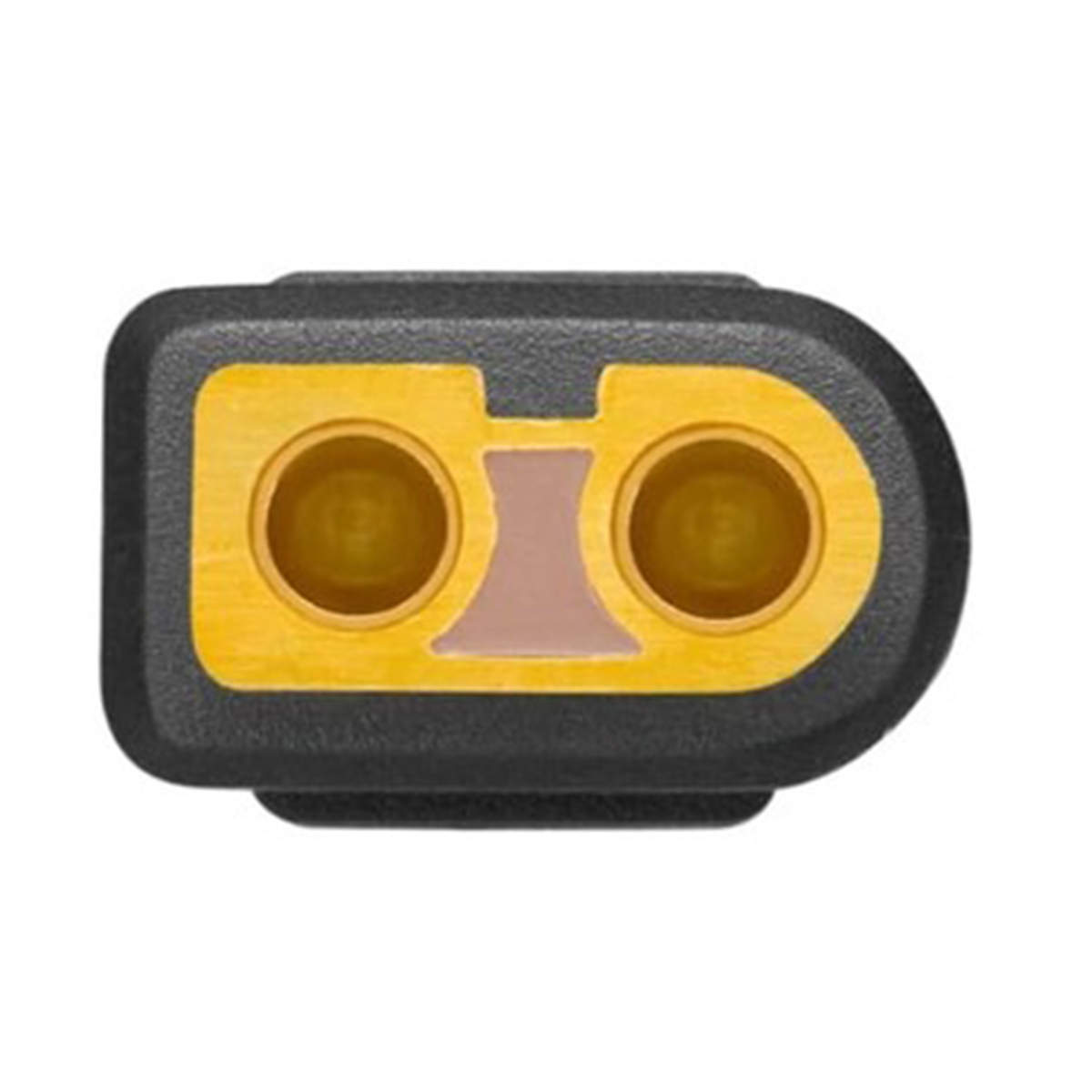Primo piano di un connettore, scuro con due aperture. Giallo e nero sono i colori.