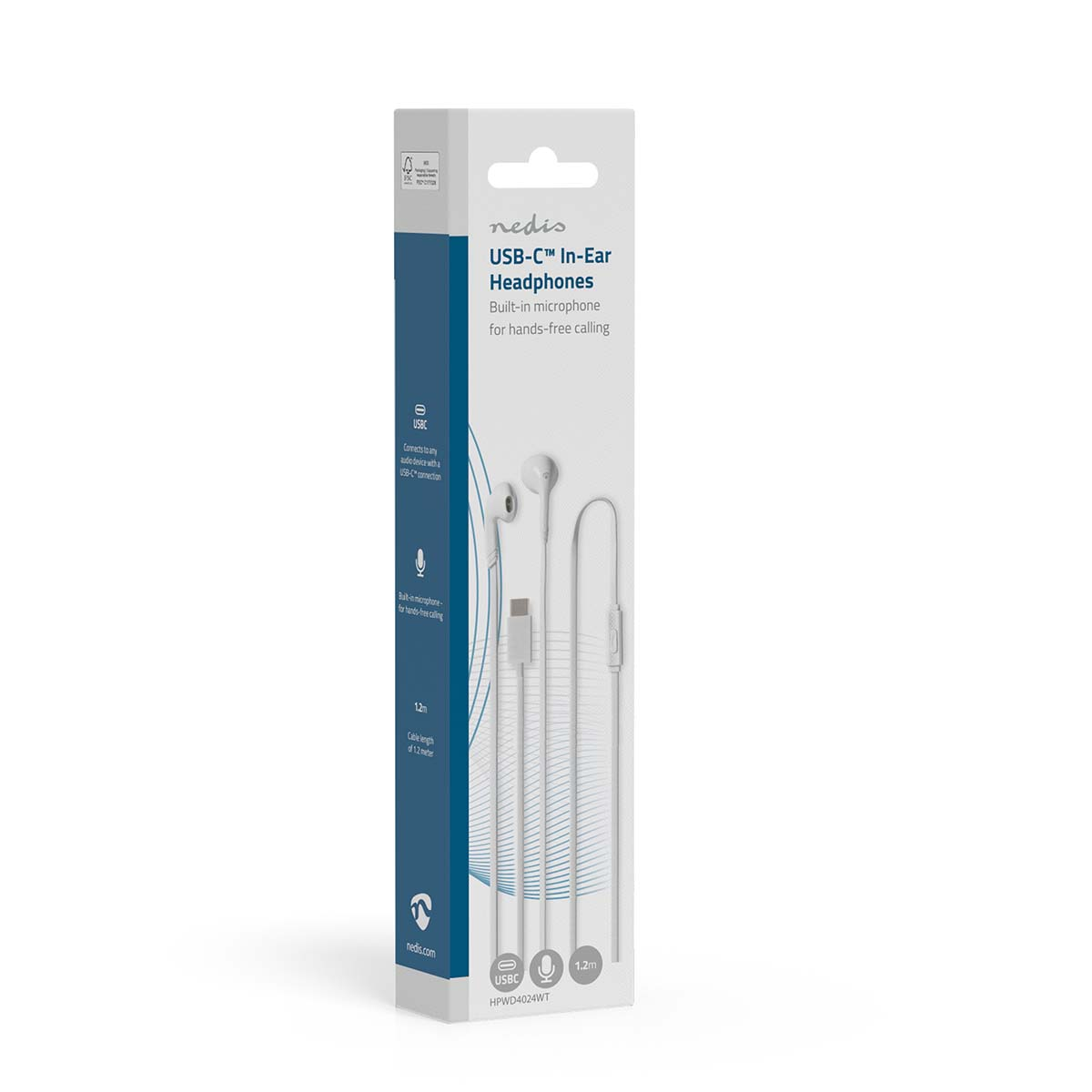 Weiße In-Ear-Kopfhörer in Verpackung, schwarz-weißes Design. Die Verpackung hat Infos.