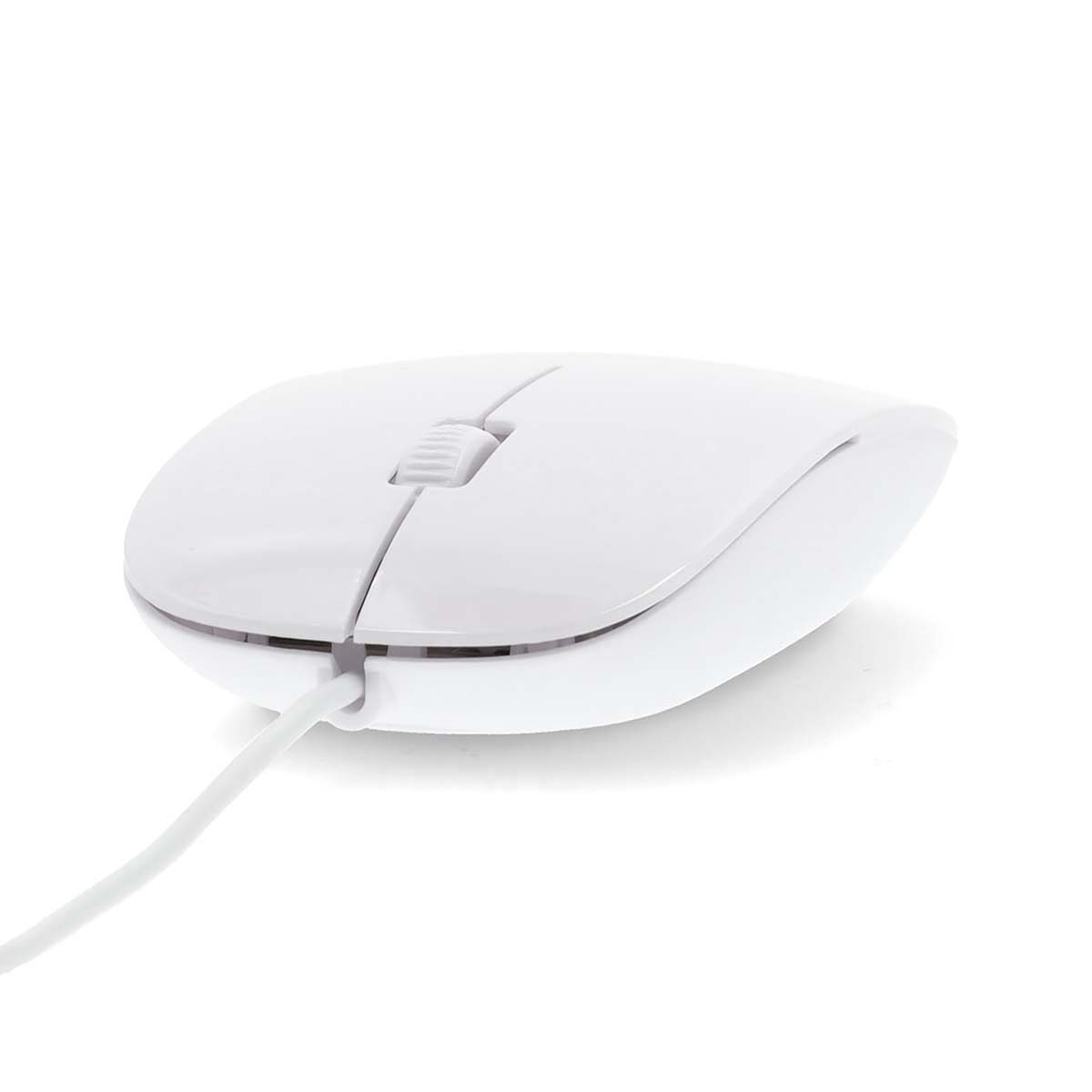 White computer mouse with a scroll wheel. A white cable extends from the mouse.