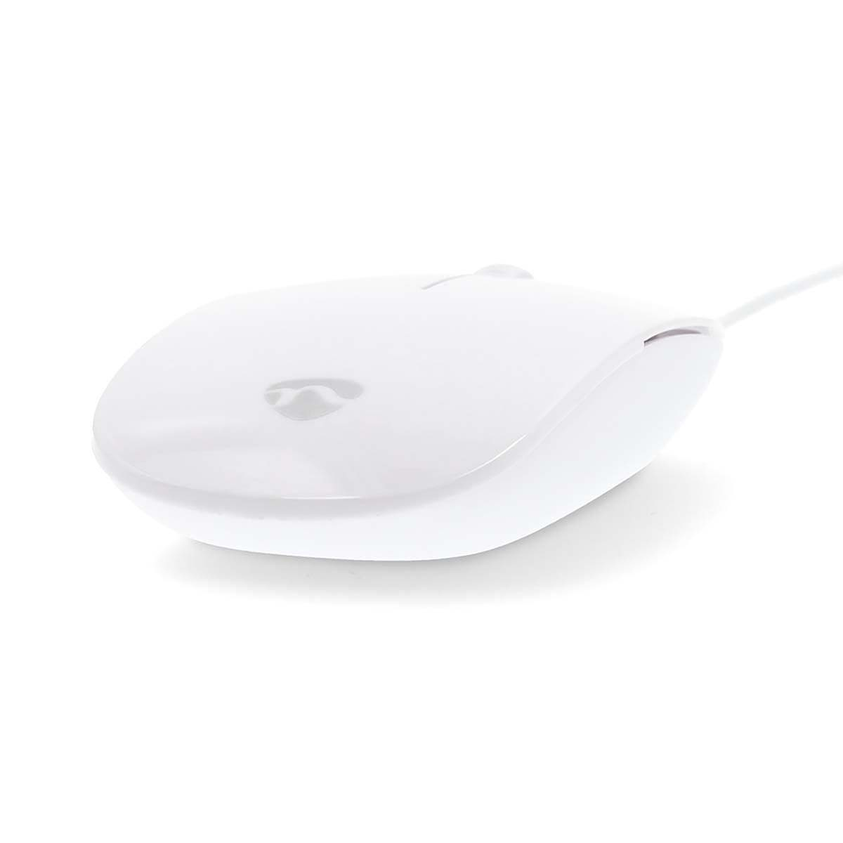 White mouse with a curved shape. The mouse has a logo on the top.