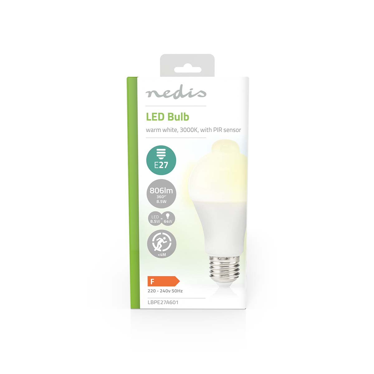 Ampoule LED dans son emballage, blanc et vert avec détails du produit. Fond blanc.