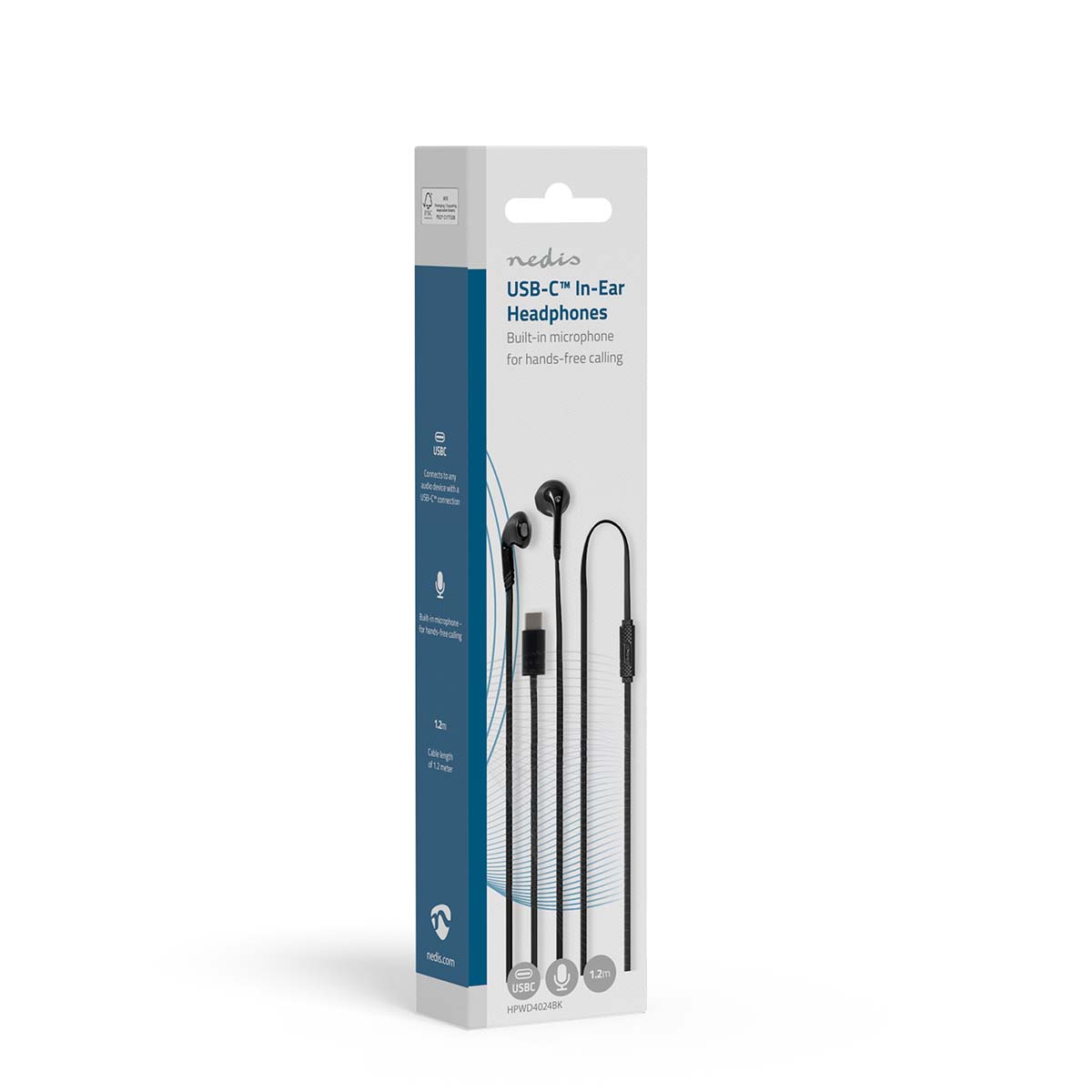 In-Ear-Kopfhörer in Verpackung, schwarz-weißes Design. Die Verpackung hat Produktinfos.
