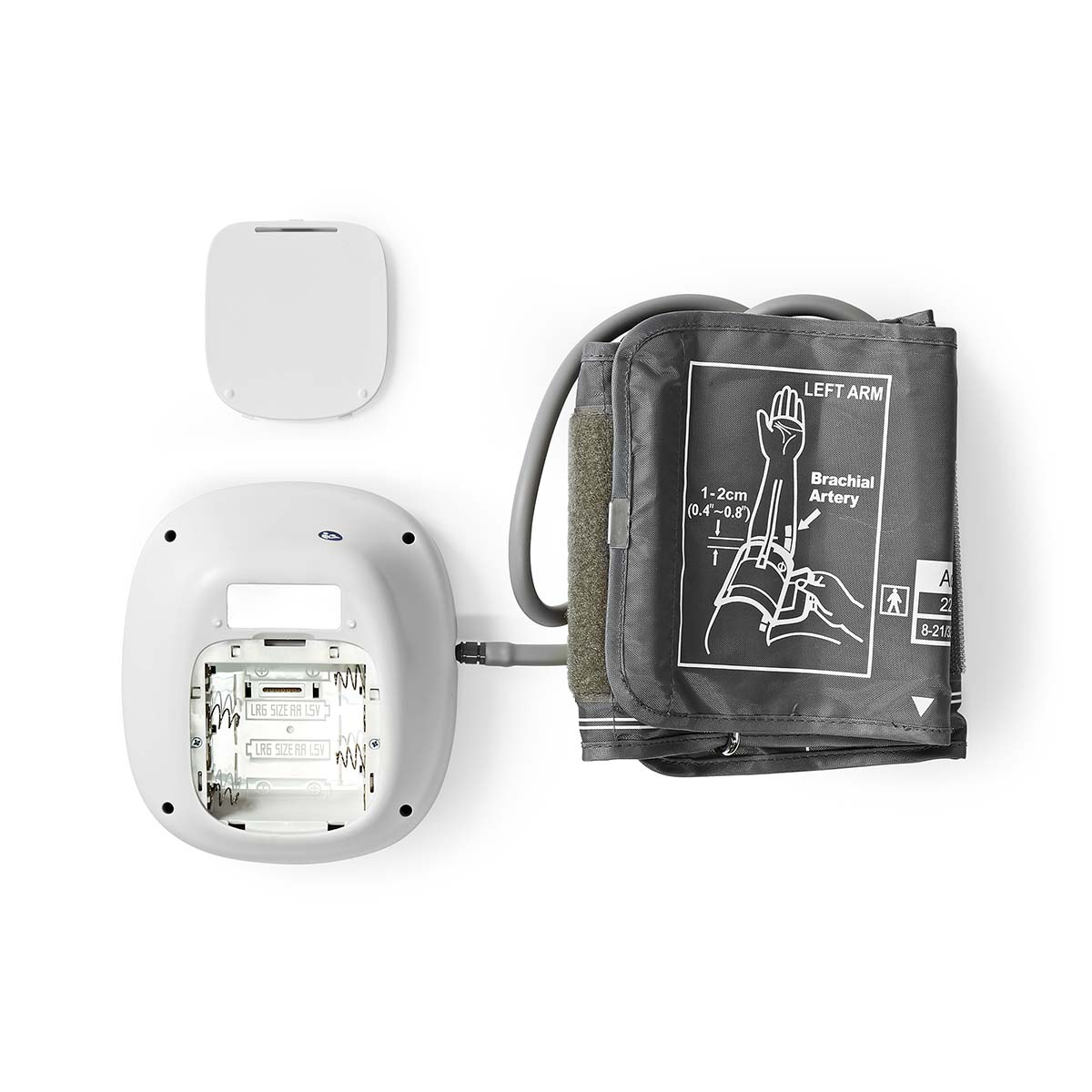 Blutdruckmessgerät mit Manschette, offen, zeigt Batteriefach.