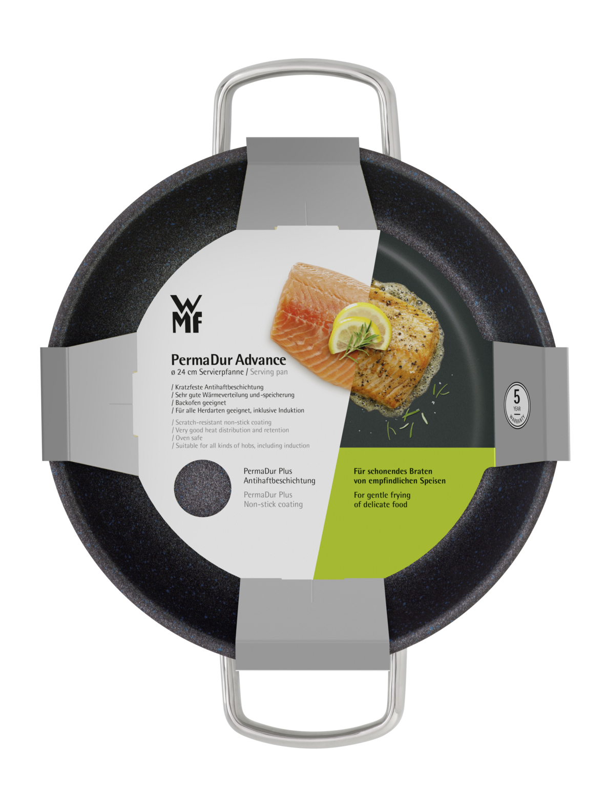 Schwarze PermaDur-Bratpfanne mit Griffen, Lachs- und Zitronengrafik und Produktinformations-Overlay.