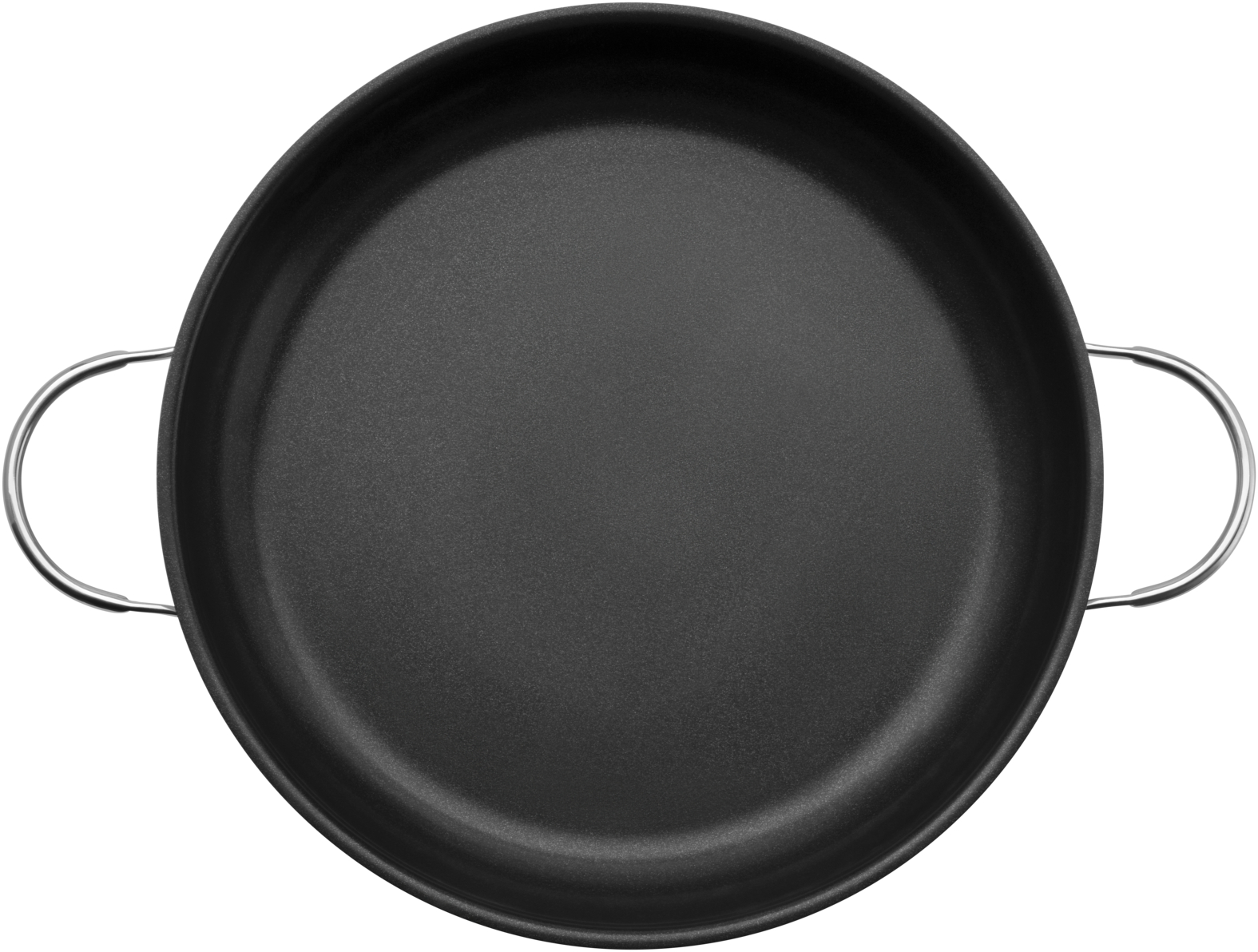 Widok z góry na czarną patelnię z dwoma srebrnymi uchwytami.