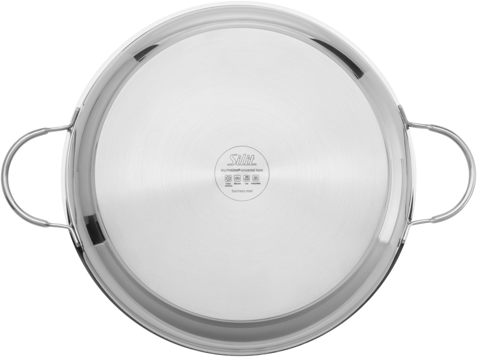 Ujęcie z góry patelni ze stali nierdzewnej z dwoma srebrnymi uchwytami i logo pośrodku.